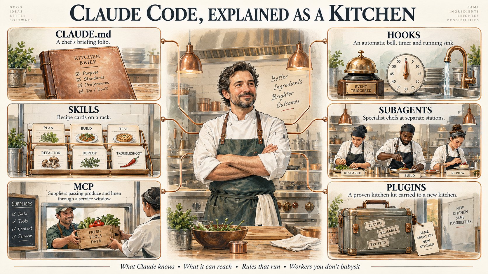 Claude Code explained as a kitchen: CLAUDE.md is the chef's briefing folio, Skills are recipe cards, MCP is suppliers at the service window, Hooks are an automatic bell and timer, Subagents are specialist chefs at separate stations, and Plugins are a proven kitchen kit carried to a new kitchen.